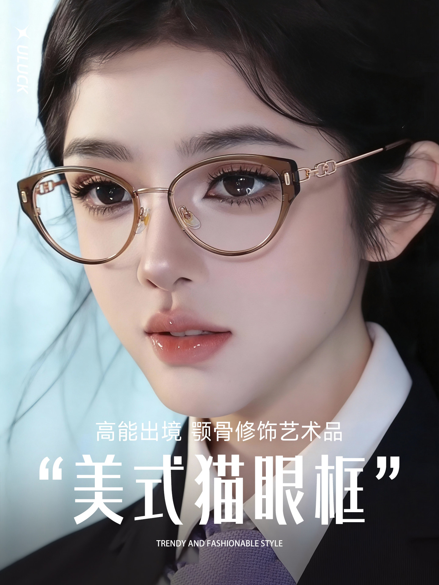 Korean Style Triangular Cat-Eye Glasses Frame, a Makeup-Free Beauty Tool, Can Be Fitted with Prescription Lenses, Suitable for Square and Round Faces, Makes the Face Look Slimmer, Versatile Frame