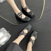 Cross strap shallow ballet shoes for women 2024 summer new square toe thick heel versatile Mary Jane single shoes high heels