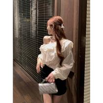 Ruffled polka dot oblique shoulder long-sleeved shirt for women summer French chic shirt loose temperament gentle white top