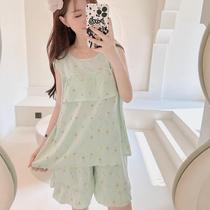 Anti-bulge cotton silk summer pajamas student suit cute vest shorts young girls no need to wear underwear home clothes