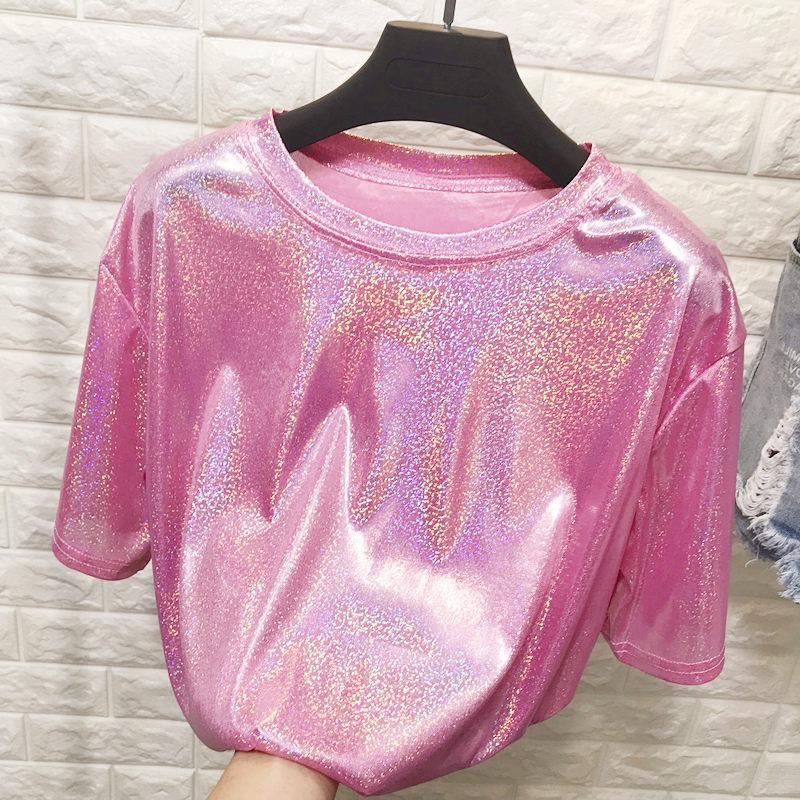 2024 Foreign Trade Wish.Com, Aliexpress, Ebay, Amazon Hot-Selling Loose T-Shirt for Women, Shiny Reflective Short-Sleeve Source