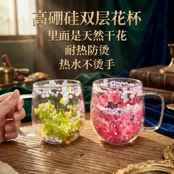 Eternal Flower Peach Blossom Series High Borosilicate Glass Double-Layer Anti-Scald Mug (Pink + Green, Set of Two)
