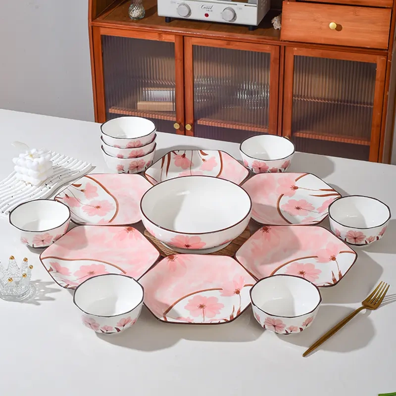 Flower Language Time Hexagonal Platter 15-Piece Household Ceramic Bowl and Plate Creative Chinese Tableware Set Underglaze Color