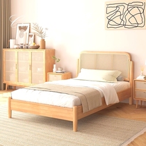 Solid wood rattan bed 1 2 meters small apartment small bed bed and breakfast furniture single bed simple modern Japanese bed log style
