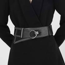 Waist Love womens diagonal wide waistband with rivets punk style versatile wide belt with dress elastic decorative belt