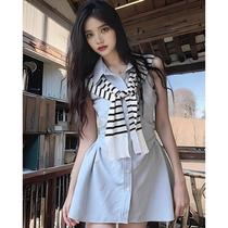 Earth Store 06 27 New Product Light Blue Button Waist Dress Black Striped Shawl Casual Two-piece Set for Women