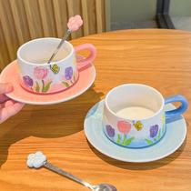 Hand-painted tulip exquisite coffee cup niche high-end ceramic cup and saucer set afternoon tea cup souvenir gift