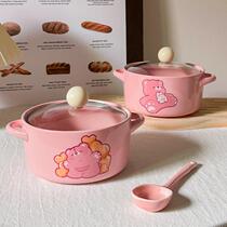 Ins style girly heart ceramic instant noodle bowl special bowl with lid student dormitory snail noodle bowl double ear soup rice bowl