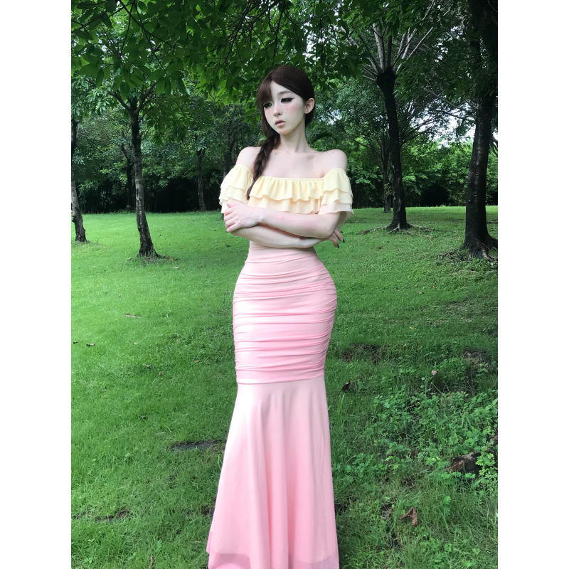Xiaoyangjia Original [Pink Notes and Enchanting Shadows] Summer New Pink Gradient Slimming Skirt, Flattering and Concealing Long Dress