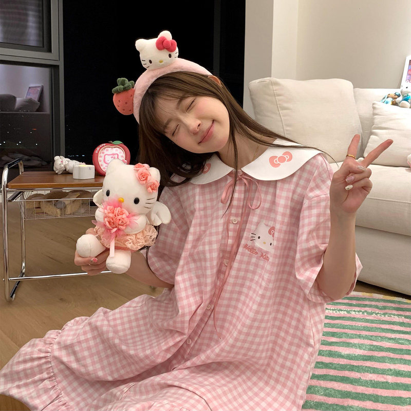 Korean Uamtor Cute Kt Cat Nightgown for Women, Summer Pure Cotton Short-Sleeved Sweet Plus-Size Sleepwear, Home Wear That Can Be Worn Outside