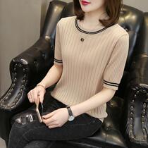 New in stock quick delivery direct supply 2024 new summer short-sleeved sweater for women hollow ice silk T-shirt womens ins round neck