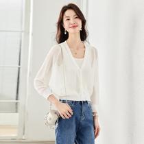 Cardigan with skirt pleated solid color shawl comfortable three-quarter sleeve air-conditioning shirt elegant family style lazy style and loose style