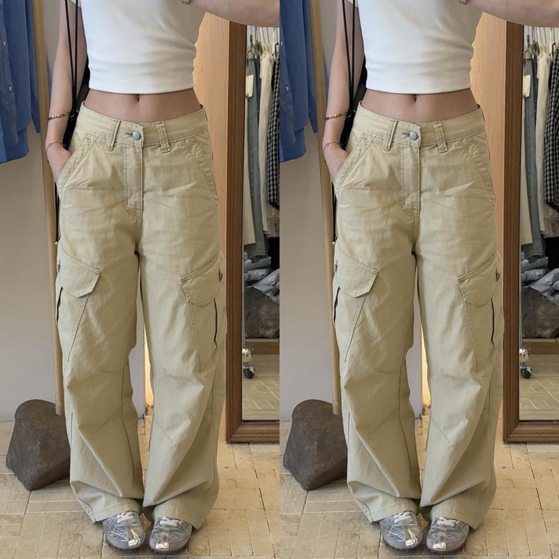 European-Style American High-Waisted Wide-Leg Cargo Pants for Women, Summer Thin Model, 2026 New Trendy Multi-Pocket Versatile Hiking Pants