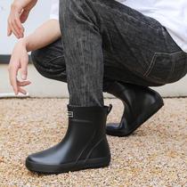Rain boots for men mid-length non-slip waterproof shoes short-length fashionable outer wear fishing shoes car wash kitchen work thick sole rubber