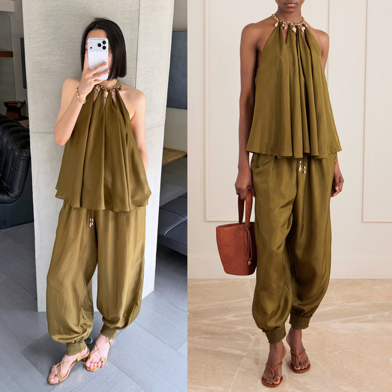 Handsome and Beautiful Olive Green! a Set of over Ten Thousand Australian Zim Ultra-Romantic Shell-Decorated Silk Tops/Lantern Pants Handsome and Beautiful Olive Green! a Set of over Ten Thousand Australian Zim Ultra-Romantic Shell-Decorated Silk Tops/Lantern Pants