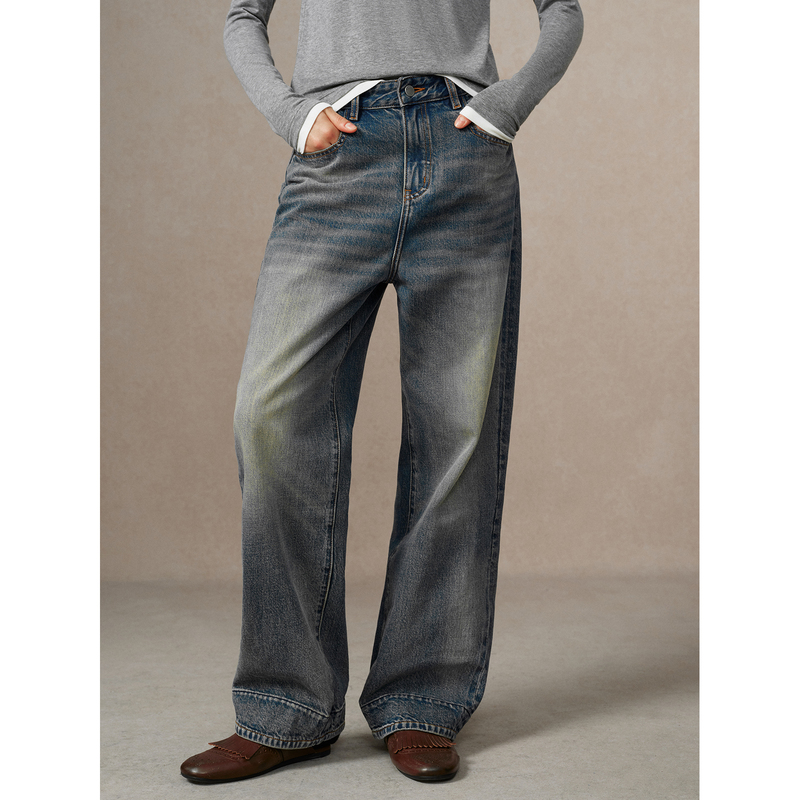 Huajiyan【Frost】Turkish Imported Fabric Vintage Whiskered Washed Blue Loose Straight-Leg Jeans for Women