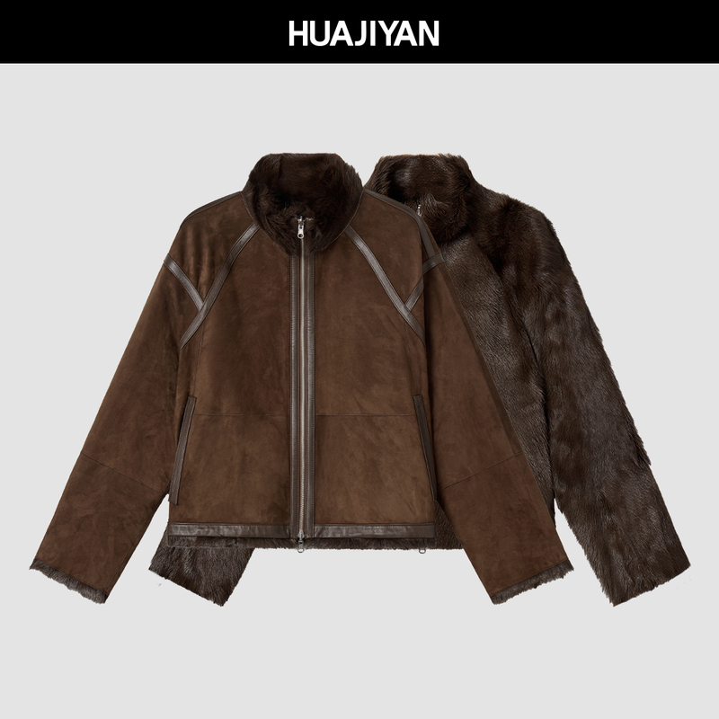 Hua Jiyan [Miss Lola] French Imported Wool Leather Fur Integrated Reversible Stand Collar Fur Coat for Women