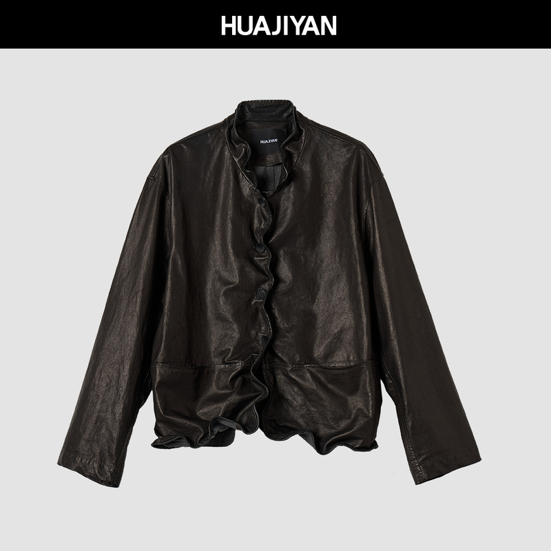 Huajiyan [Twisted Leather Jacket] Australian Import [Ultra-Thin] Sheepskin Distressed Stand Collar Leather Jacket for Women in Autumn
