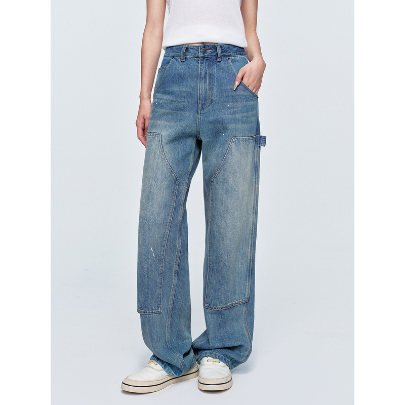 Huajiyan [Lumberjack Cowboy] 100% Cotton Imported Kanglong Fabric Patchwork Design Mid-Waist Straight-Leg Jeans for Women