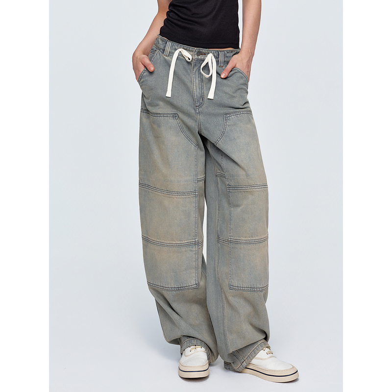Huajiyan [Wilderness Cowboy] Turkish Imported Fabric, Heavy-Duty Washed and Distressed Drawstring Workwear Jeans for Women
