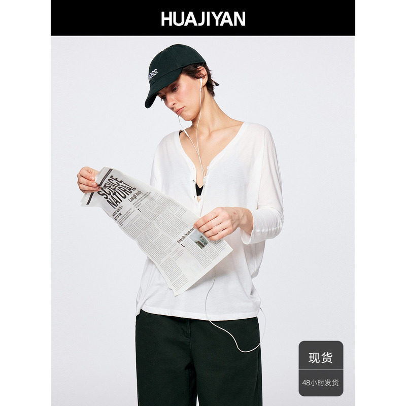 Hua Jiyuan [Three-Button] 100% Cotton Henry V-Neck Lightweight Loose Eight-Sleeve T-Shirt for Women, Versatile Summer Top