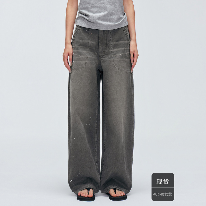 Huajiyan [Paint Dot Denim] 100% Cotton Vintage Distressed Gray Straight Loose Mid-Waist Wide-Leg Jeans for Women