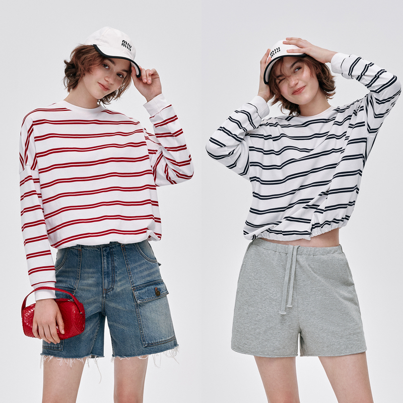 Hua Jiyuan [Sailor's Diary] Round Neck Drop Shoulder Striped Long Sleeve T-Shirt Women's Drawstring Hem Sweatshirt Spring/Summer Top