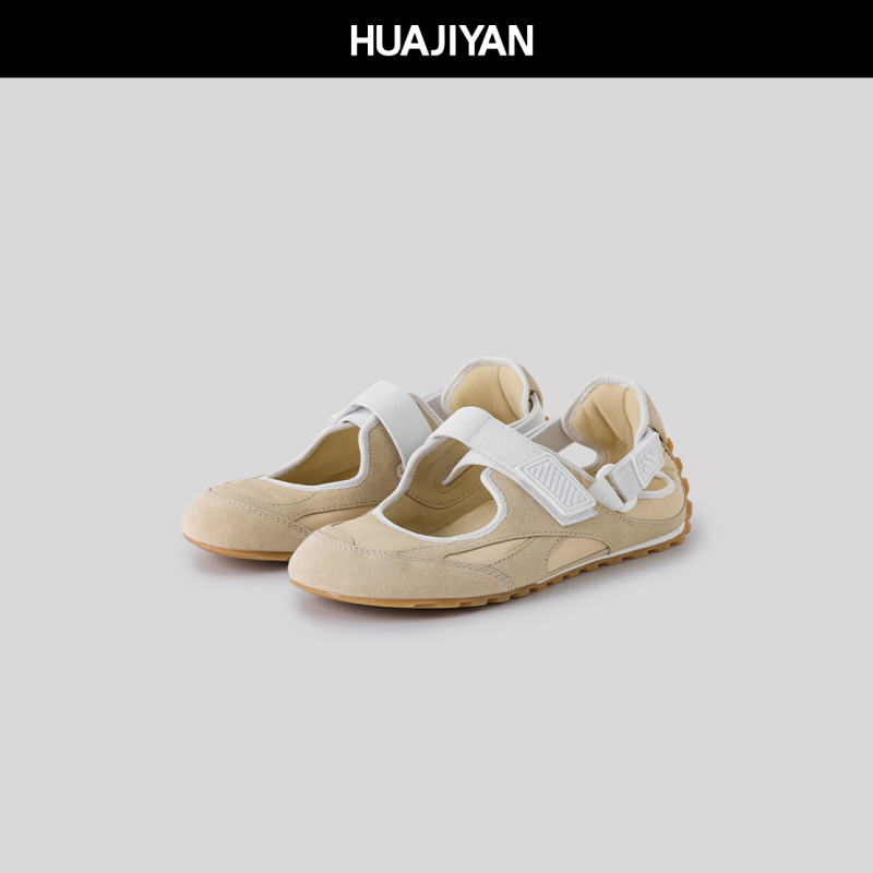 Huajiyan [Accessories Series] Cow Suede Canvas Velcro Versatile Casual Shoes Flat Shoes for Women Summer