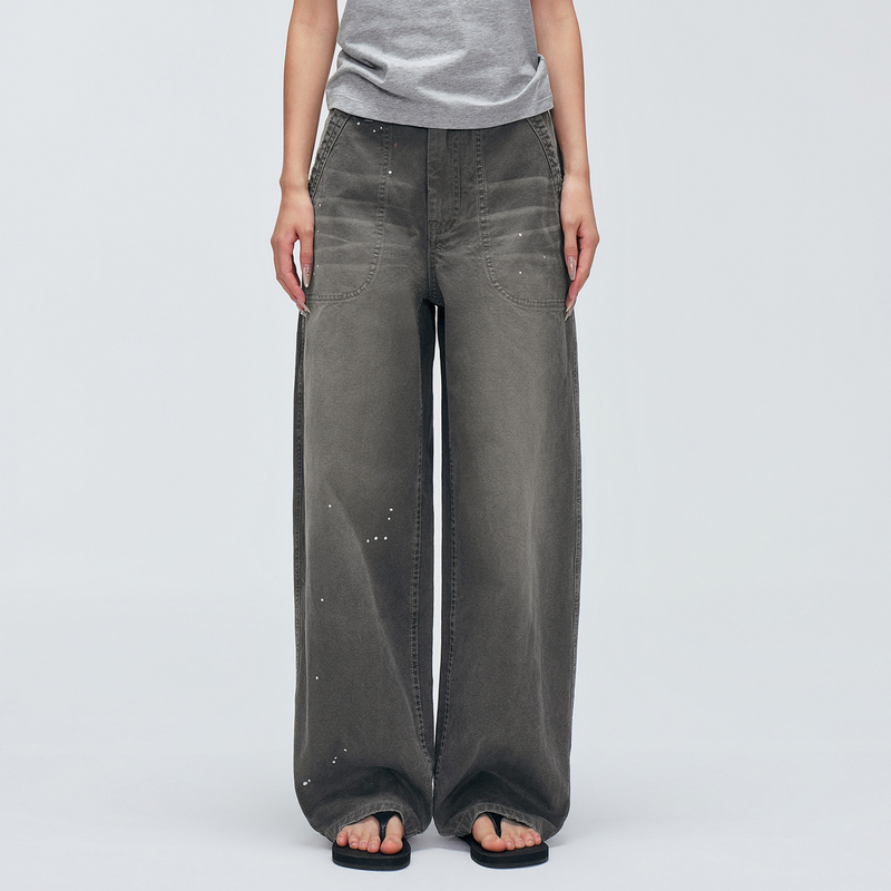 Hua Jiyuan [Paint Dot Denim] 100% Cotton Paint Dot Design Vintage Distressed Mid-Waist Wide-Leg Jeans 2026 Autumn