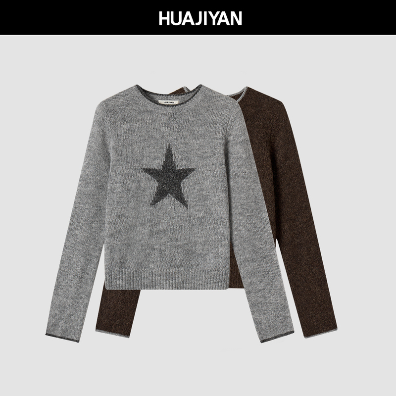 Huajiyan [Star Sweater] Sheep Wool and Alpaca Wool Star Jacquard Round Neck Knit Sweater for Women, Autumn and Winter