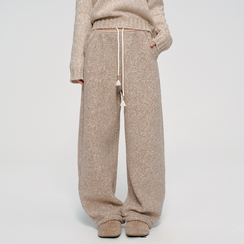 Huajiyan [Fuzzy Sweatpants] Wool Loop Drawstring Elastic Waist Scimitar Casual Pants Women's Autumn and Winter Wide-Leg Sweatpants