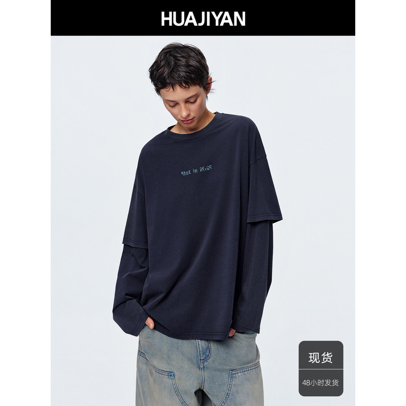 Hua Jiyuan [Anniversary] Cotton Blend Fake Two-Piece Patchwork Letter Print Loose Long Sleeve T-Shirt Top for Women Autumn
