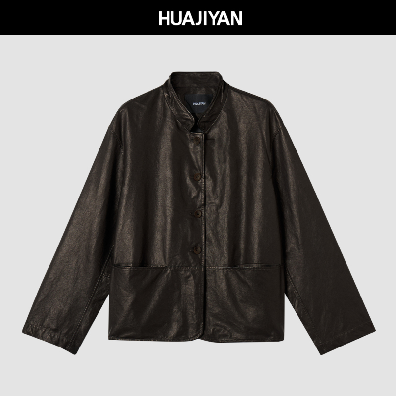 Huajiyan [Twisted Leather Jacket] Australian Import [Ultra-Thin] Sheepskin Distressed Stand Collar Leather Jacket for Women in Autumn