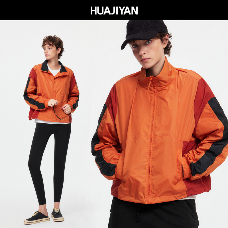 Huajiyan [Pumpkin Pie] Stand Collar Geometric Color Block Windproof Vintage Sports Jacket for Women 2026 Autumn
