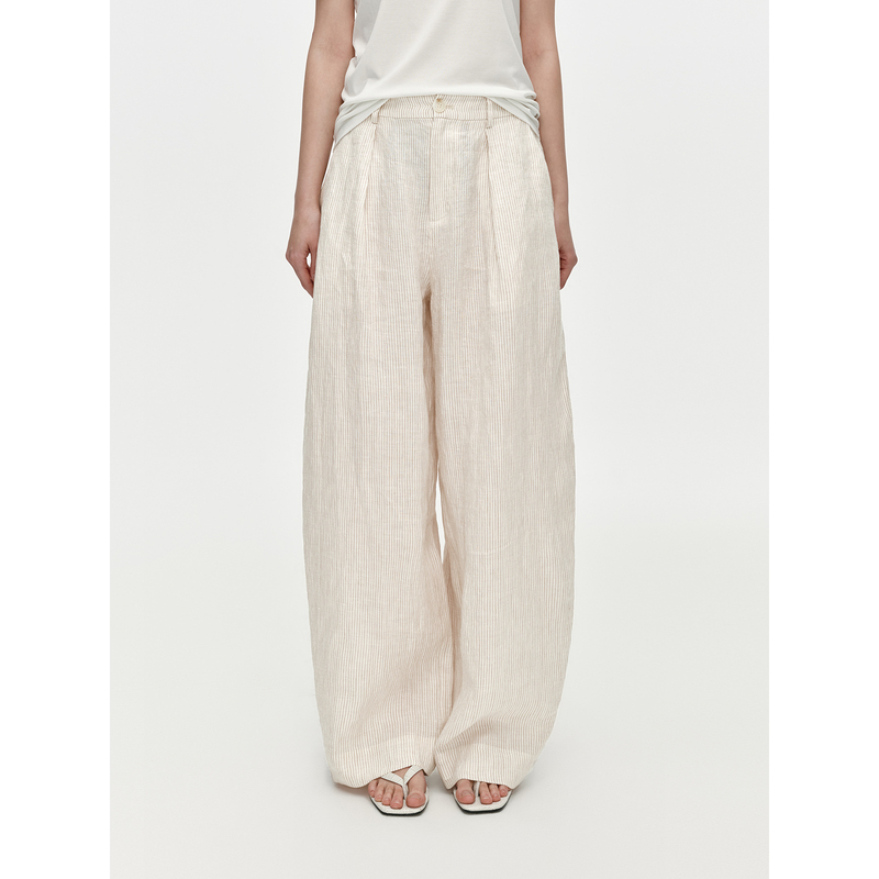 Huajiyan [Nai Bei Pants] 100% Linen Color-Woven Striped Straight Loose Wide-Leg Pants for Women, Spring and Summer Casual Pants