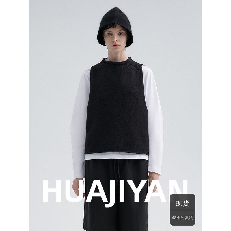 Hua Jiyuan【Knight】100% Wool Rolled Edge Design Round Neck Loose Versatile Sleeveless Knitted Vest for Women Hua Jiyuan【Knight】100% Wool Rolled Edge Design Round Neck Loose Versatile Sleeveless Knitted Vest for Women