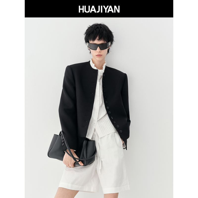Huajiyan [Order] Wool Blend Double-Layer Craft Round Neck Wide Shoulder Short Blazer for Women 2026 Spring