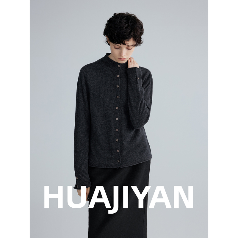 Huajiyan [Ripples] 100% Wool Half-Turtleneck Rolled Edge Knitted Cardigan for Women, Autumn and Winter Versatile Sweater Coat