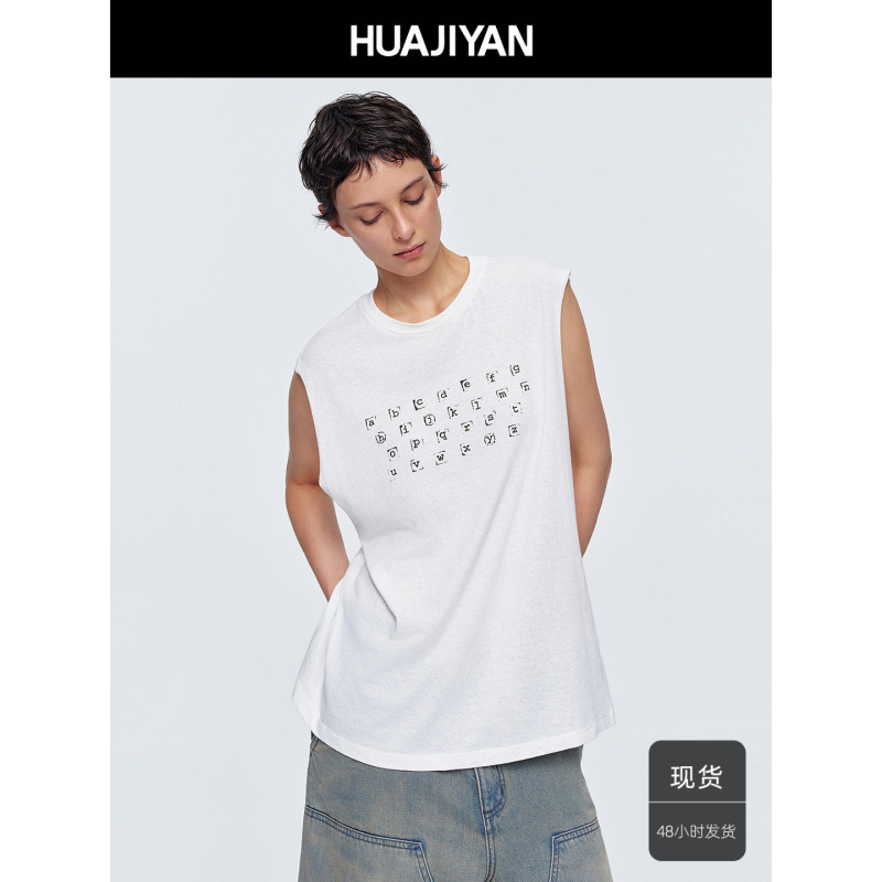 Huajiyan [Letter Vest] Hemp-Cotton Blend Letter Print Vintage Sleeveless T-Shirt Top