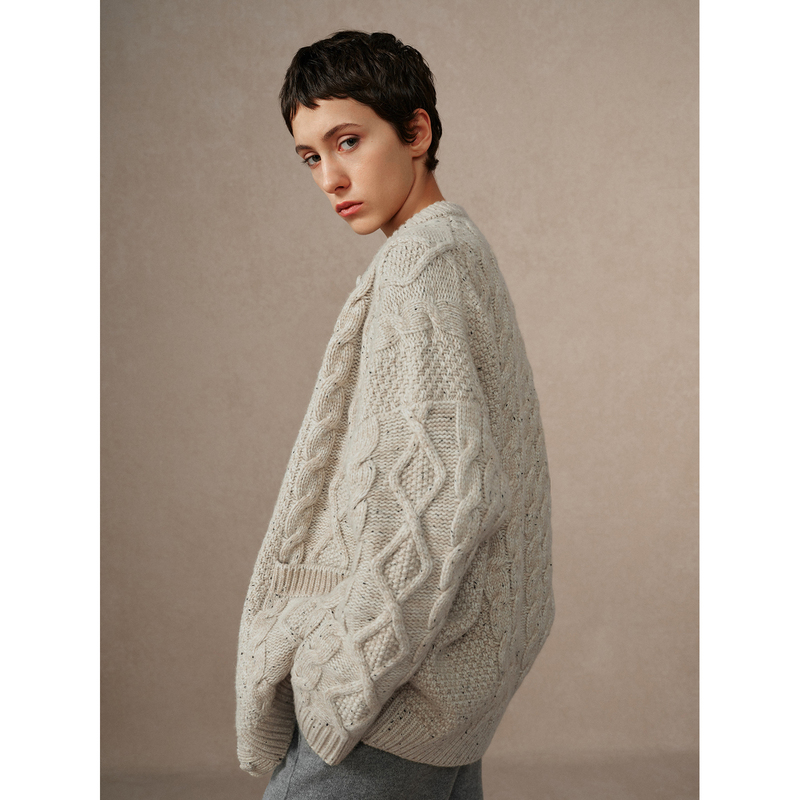 Huajiyan [Warm and Cozy] All-Wool Three-Dimensional Heavy Craft Loose Knit Cardigan Women's Autumn and Winter Sweater Coat