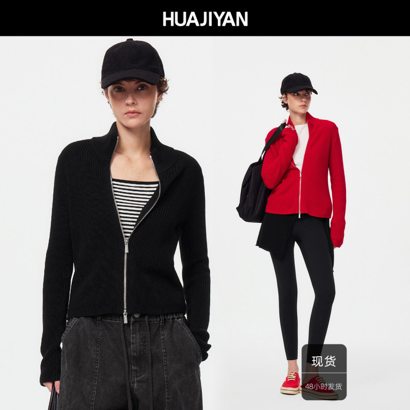 Huajiyan [Echo] 100% Cotton Double Zipper Half-High Collar Regular Shoulder Slim-Fit Knit Cardigan Jacket 2026 Autumn