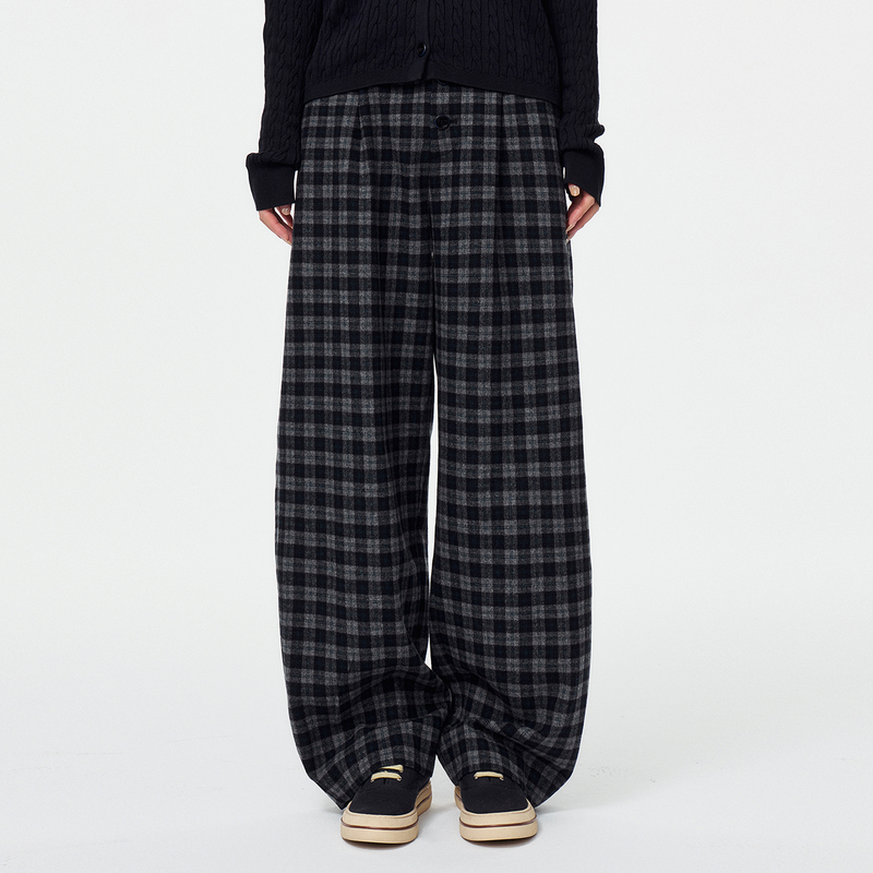 Huajiyan [Checkered Pants] Wool Blend Yarn-Dyed Plaid Button-Down Classic Casual Pants 2026 Autumn