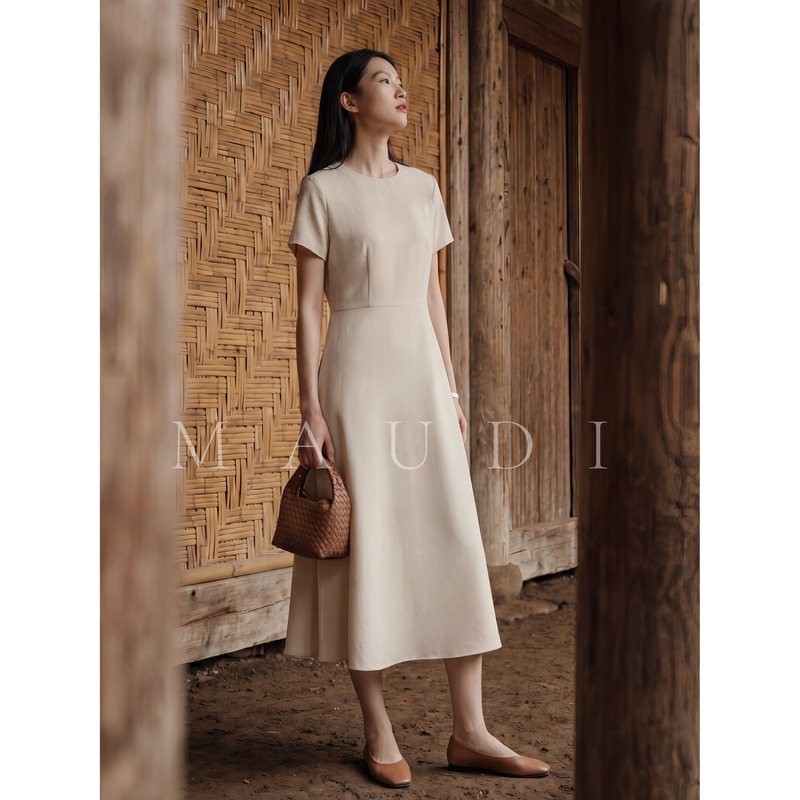 Maudi Qingfeng Yaxu Spring/Summer New High-End Elegant Waist-Slimming Short-Sleeve Round-Neck Dress for Women 8350