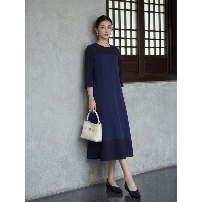 Maudi Blue Gold Casual New Elegant Slimming Long Sleeve Round Neck Color Block Dress for Women 8475 Maudi Blue Gold Casual New Elegant Slimming Long Sleeve Round Neck Color Block Dress for Women 8475