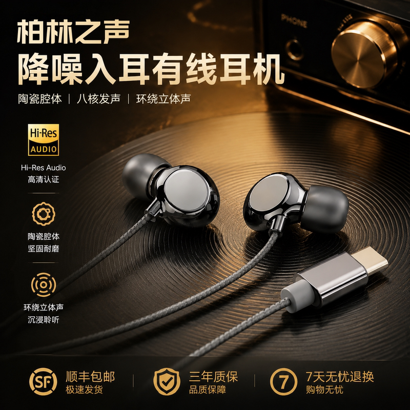 Berlin Sound Noise-Canceling In-Ear Ceramic Wired Headphones Typec Suitable for New Apple and Huawei Models, Dedicated for Karaoke Berlin Sound Noise-Canceling In-Ear Ceramic Wired Headphones Typec Suitable for New Apple and Huawei Models, Dedicated for Karaoke