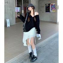 Plus size fat girl stacks V-neck niche loose long-sleeved tops womens lace straps irregular skirt suit