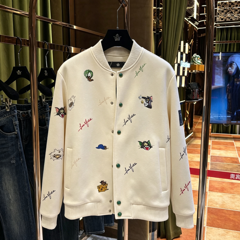 American Retro Autumn and Winter New Heavyweight Baseball Jacket Men's Casual Top Trendy Brand Cartoon Embroidered Jacket Men's Clothing