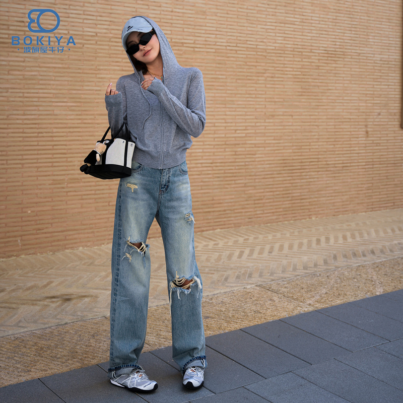 Bok|Paris 112|Spring and Autumn Non-Stretch Mid-Waist Xinjiang Cotton Vintage High Street Ripped Straight-Leg Jeans Bok|Paris 112|Spring and Autumn Non-Stretch Mid-Waist Xinjiang Cotton Vintage High Street Ripped Straight-Leg Jeans