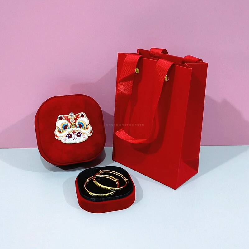 Red Velvet Baby Children's Double Bracelet Box, High-End Tiger Head Zodiac Year of the Horse Baby Lock Bracelet Necklace Pendant Jewelry Box