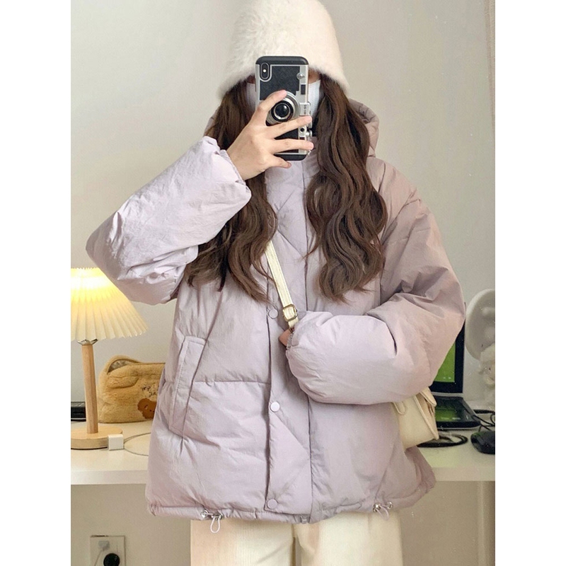 Bright Autumn Purple down Cotton Jacket for Women, Winter 2025 New Popular Design, Niche Student Style with Hood, White Duck down
